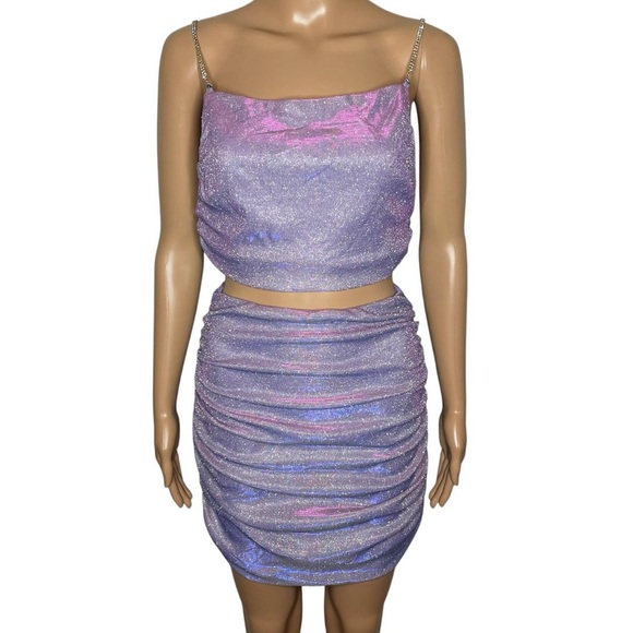 Dresses & Skirts - Purple Sparkly 2 Piece Cropped Tank Top & Ruched Skirt Set Rhinestone Straps
